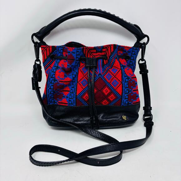 Leather Boho Aztec Western Embroidered Crossbody Bucket Bag Elliott Lucca Black - Picture 3 of 16